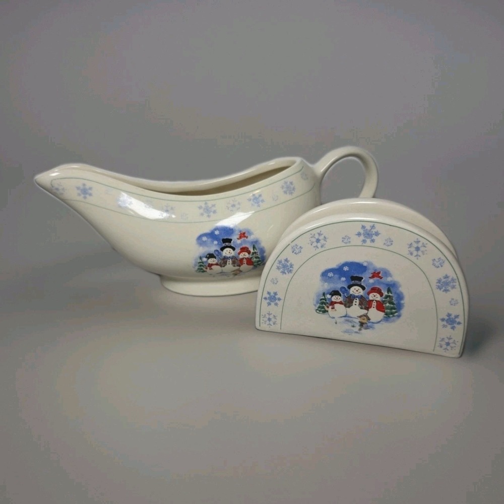 Vintage Snowman Central Holiday Kitchen Set Napkin Holder Gravy Boat
